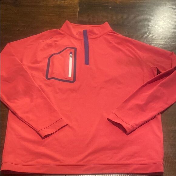 Peter Millar Men's Medium Forge Performance 1/4-Zip Pullover coral and navy - Picture 2 of 10